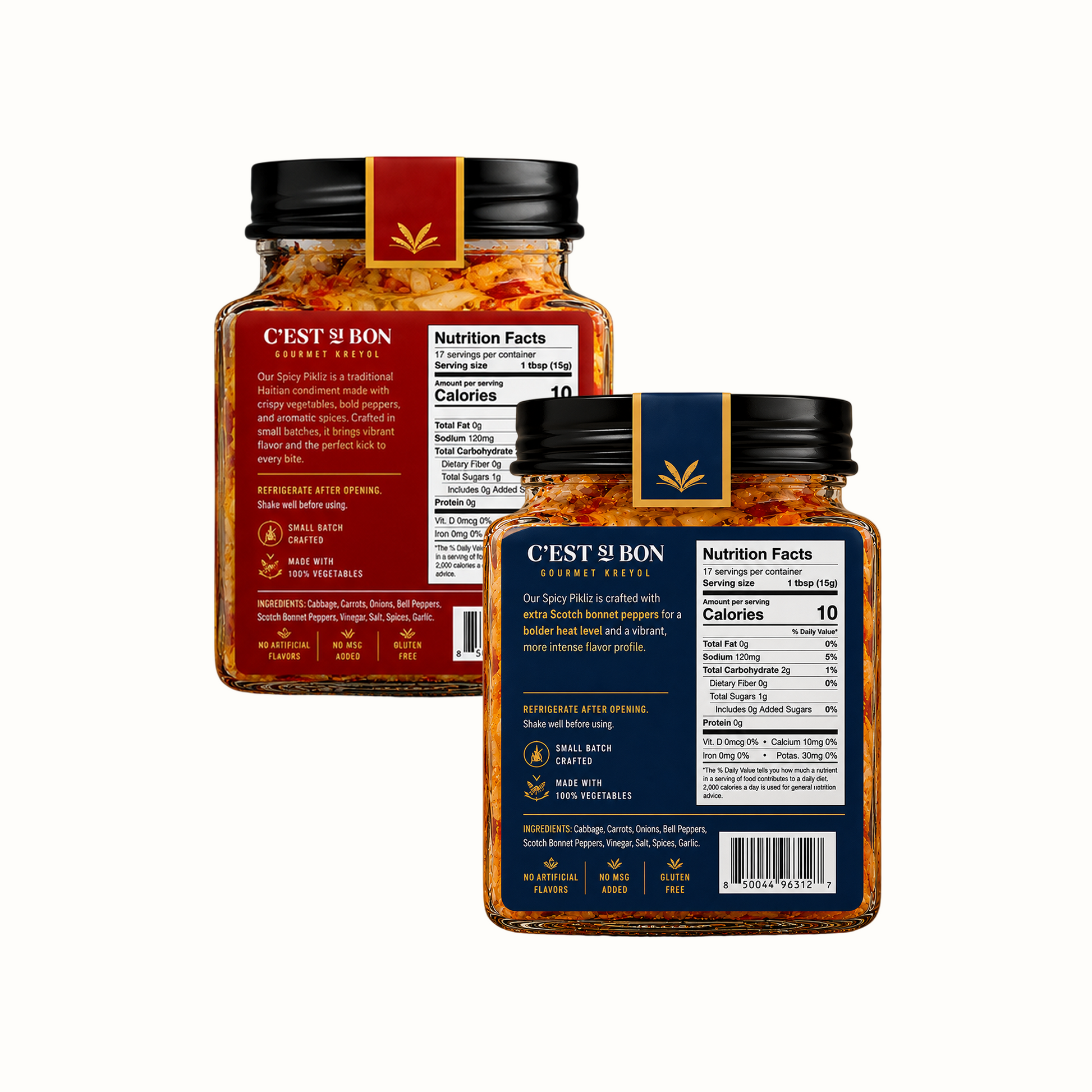 Two jars of 'Cést à Bon' spicy pickle with labels showing nutritional information.