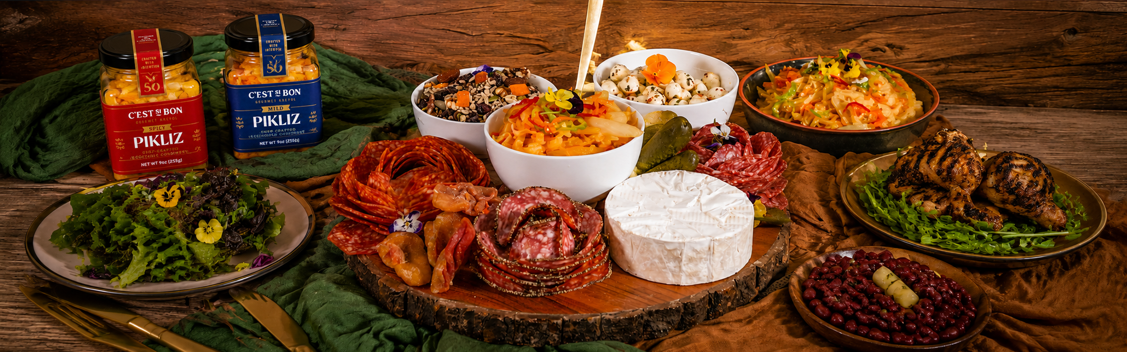 Assorted meats, cheeses, and vegetables on a wooden board with a white bowl containing a salad.